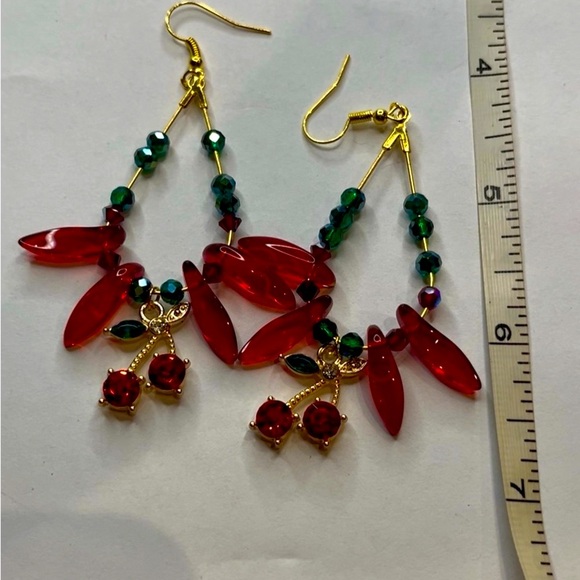 634. Chic Cherry 🍒 Red, Green and Gold Beaded Earrings - Picture 6 of 6